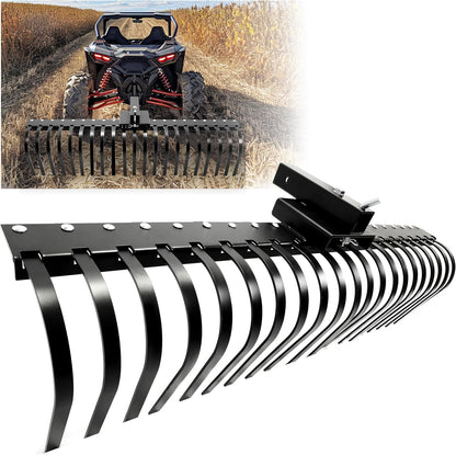 60 Inch Landscape Rake Pine Straw Rake Tractors Rake Fit for 2 Inch Receiver ATV UTV SxS Features 48inches or 60inches Accessory Tool Bar & 3 Point Hitch System Powder Coated Steel LYOM-003