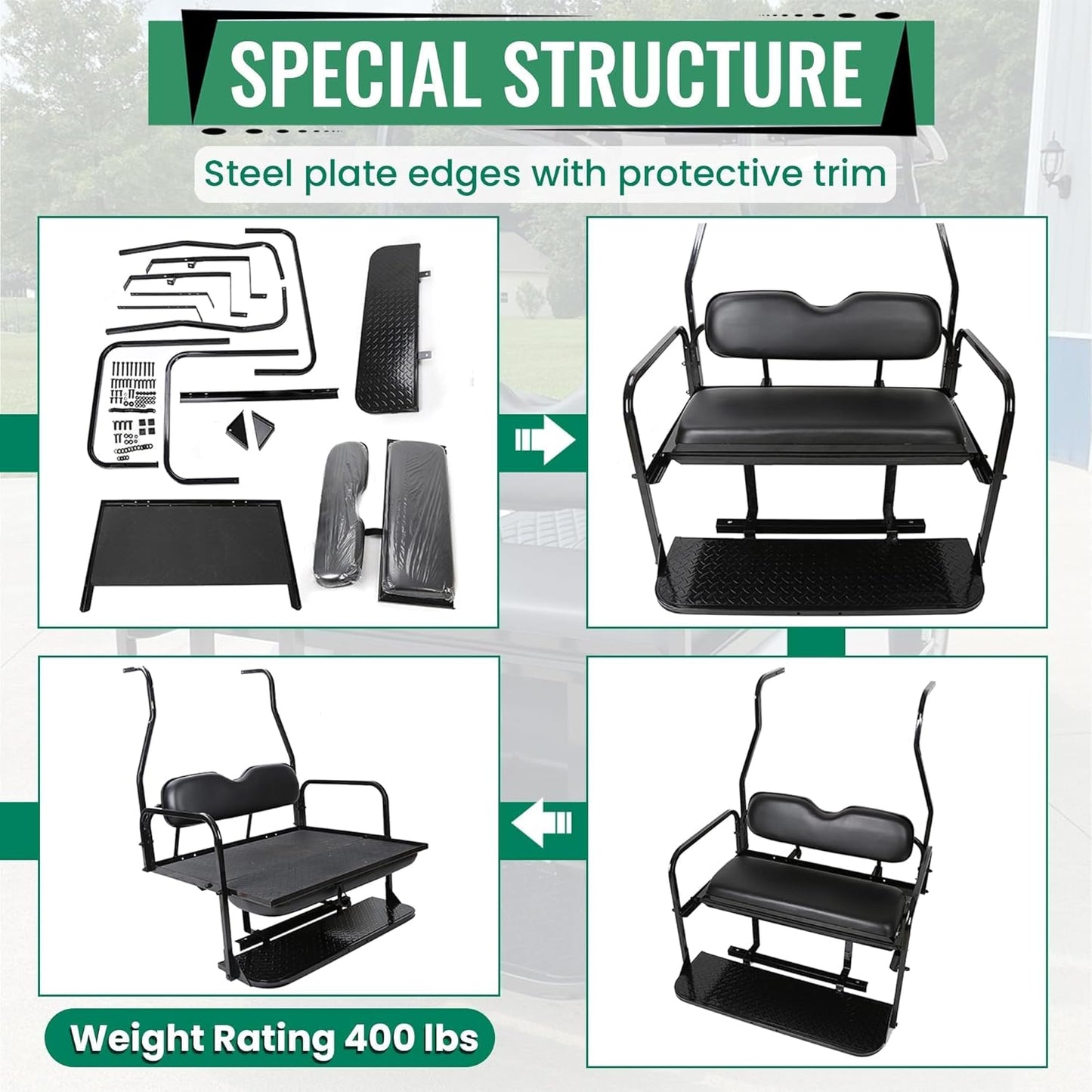 Back Folding Seat Kit Compatible with 2000.5-Up Club Car DS Models Golf Cart Flip Seat with Cushions LYA-078A+LYA-078B