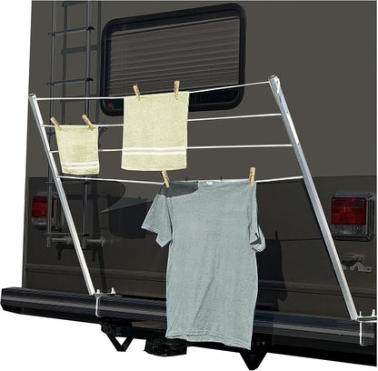RV Clothes Drying Rack Bumper-Mounted Clothesline Compatible with 4inches Square RV Bumpers Versatile Clothes Line Aluminum Powder Coated Silvery LYOM-106