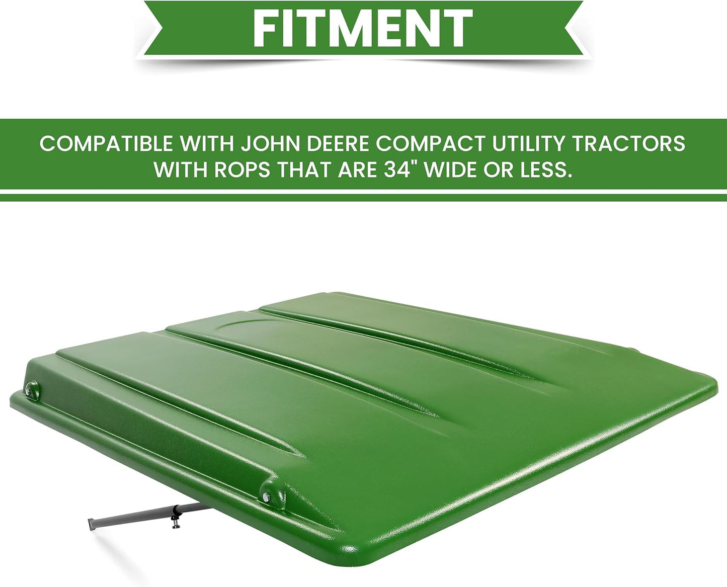 Green Tractor Canopy Compatible with John Deere Compact Utility Tractors with rops 34inches Wide or Less. Fit 1 1/2inches x 3inches, 2inches x 2inches or 2inches x 3inches ROPS Sun Shade Canopy with Bracket 35inches W x 40inches L LYJD-018S-2