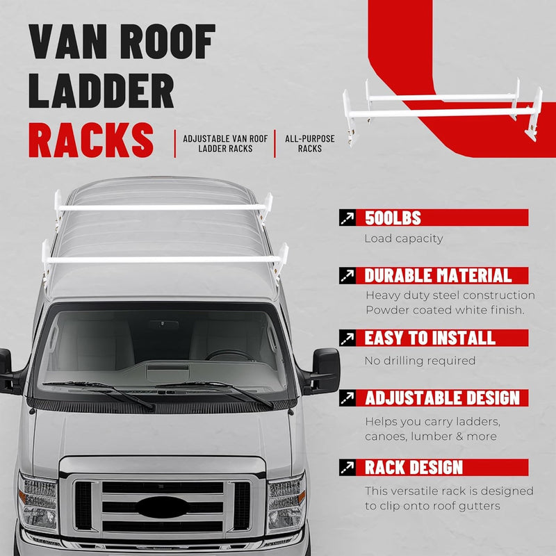 Van Roof Ladder Rack 47inches- 77inches Adjustable Roof Rack 500LBS Capacity Compatible with Chevy Dodge Ford GMC Express LYA-059S