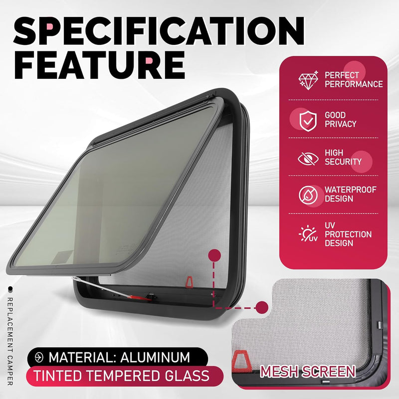 30inches x 20inches RV Exit Window Push Out w/Screen & Trim Ring Emergency Tinted Side Window for Camper, Cargo, Horse Trailer Aluminium Tempered Glass Plastic Rubber LYMIR-108