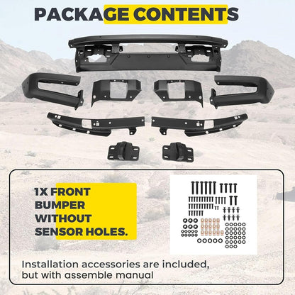 Front Bumper Compatible with 2021-2024 Ford Bronco Super Duty W/O Sensors Holes Powder Coated Black LYAM-731S