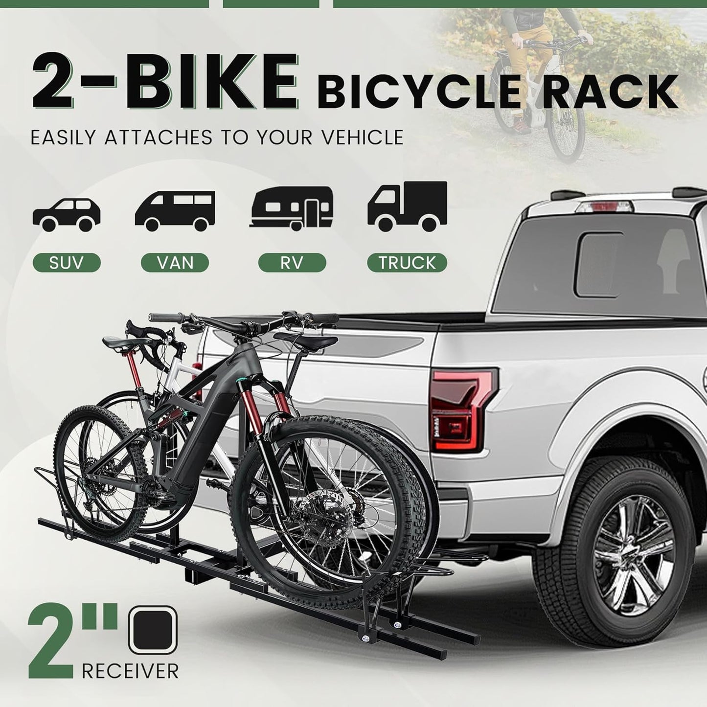 Hitch Mount Bike Rack 2inches Receiver Bicycle 2-Bike Rack for SUV Van Truck Car RV Minivans, 200 LBS Capacity Platform Style for Mountain Bike E-Bike Steel LYA-014S