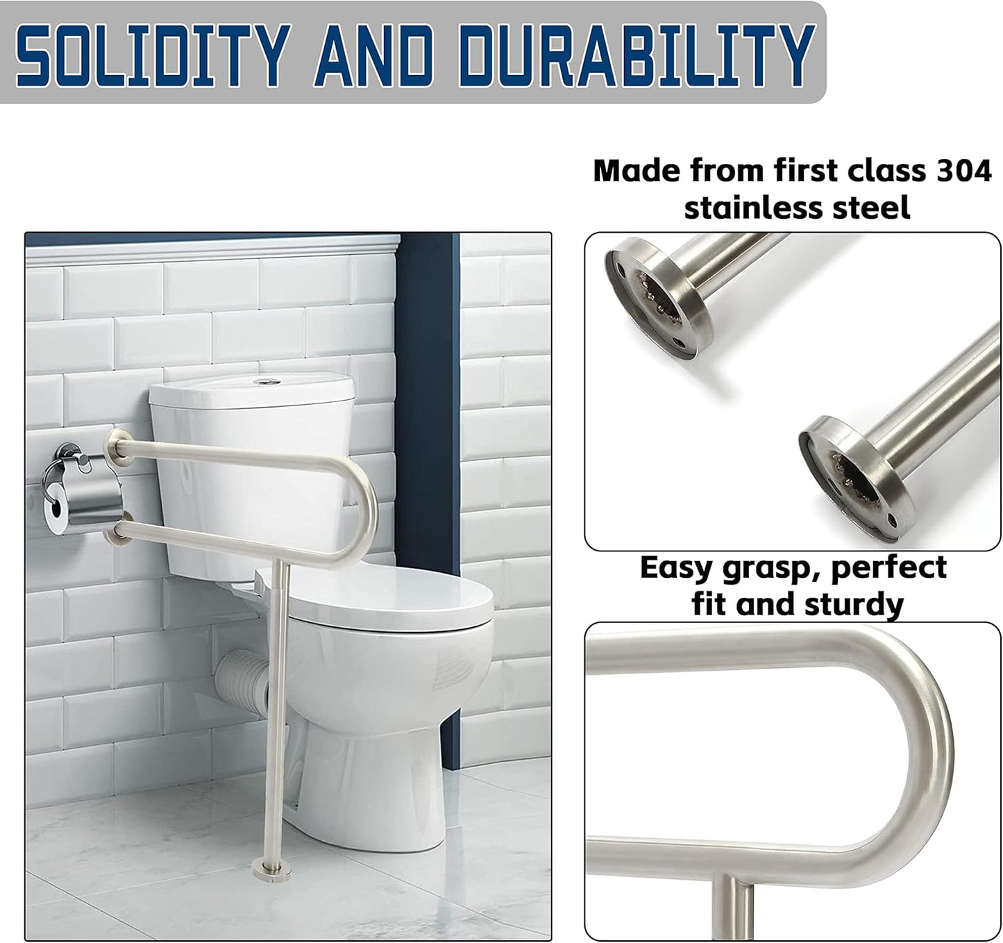 24 Inch Safety support Grab Bars Rails 304 Stainless Steel Toilet Handrail Bathroom Safety Bar Wall Mount Floor Support Assist Bar for home bathroom mobility aid