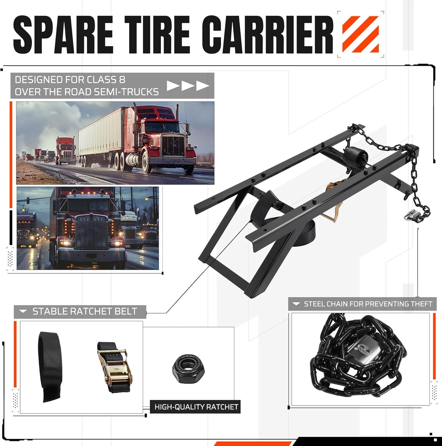 Semi-Truck Spare Tire Carrier with Ratchet Strap Chain Truck Tire Storage Rack Portable Adjustable Tire Secure Holder with Lock LYOM-337S