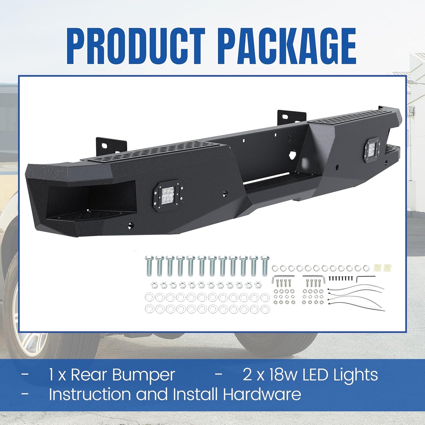 Offroad Rear Bumper Compatible with 1999-2016 Ford F250 F350 Super Duty W/2 18W LED Lights Black Powder Coated Steel Heavy Duty LYAM-215S
