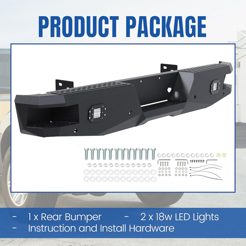 KUAFU Offroad Rear Bumper Compatible with 1999-2016 Ford F250 F350 Super Duty W/2 18W LED Lights Black Powder Coated Steel Heavy Duty LYAM-215S