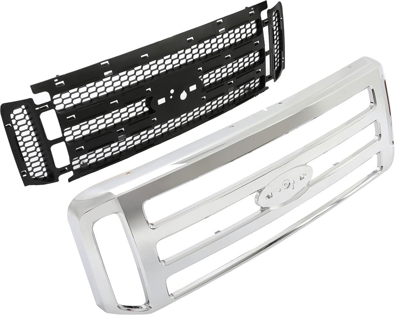 HECASA Front Grille Compatible with 1999-2004 Ford Super Duty F-250 F-350 Excursion (New Front Chrome Grille) 2006 Style W/Detachable Mesh Insert LYAP-006F