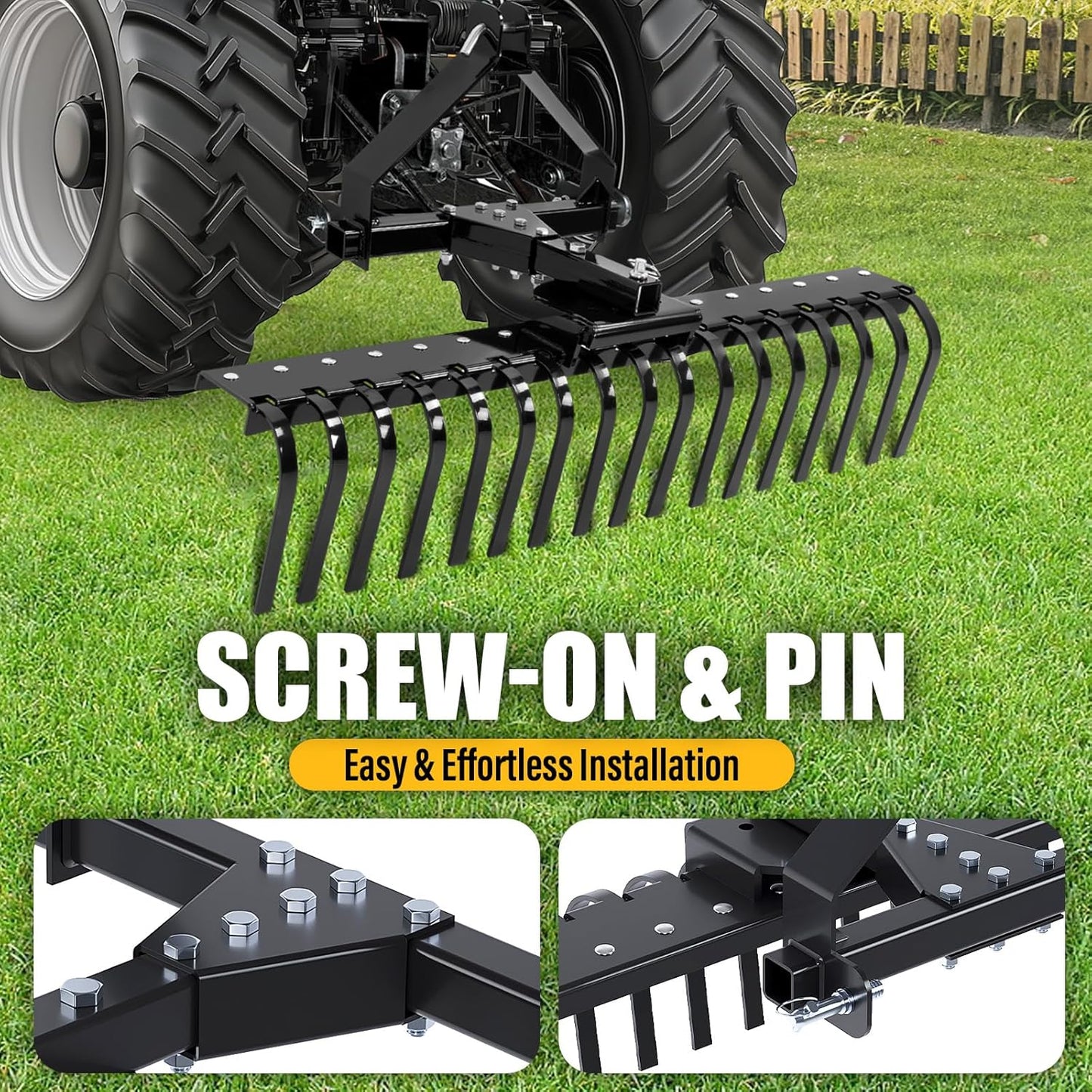 50In Landscape Rake Compatible with Category-0 Cat0 Tractor 3 Point & 5-Position Angle Adjustment for Garden, Farm, Grass Steel Powder Coated Black LYOM-374-BK