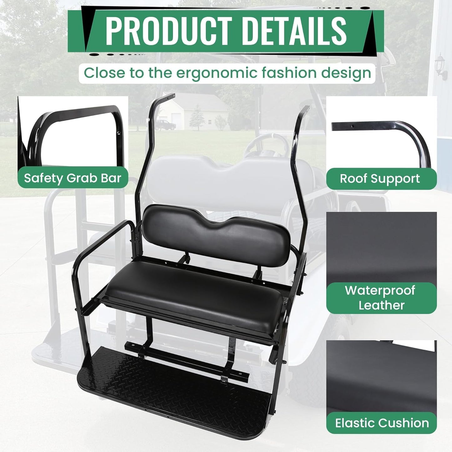 Back Folding Seat Kit Compatible with 2000.5-Up Club Car DS Models Golf Cart Flip Seat with Cushions LYA-078A+LYA-078B