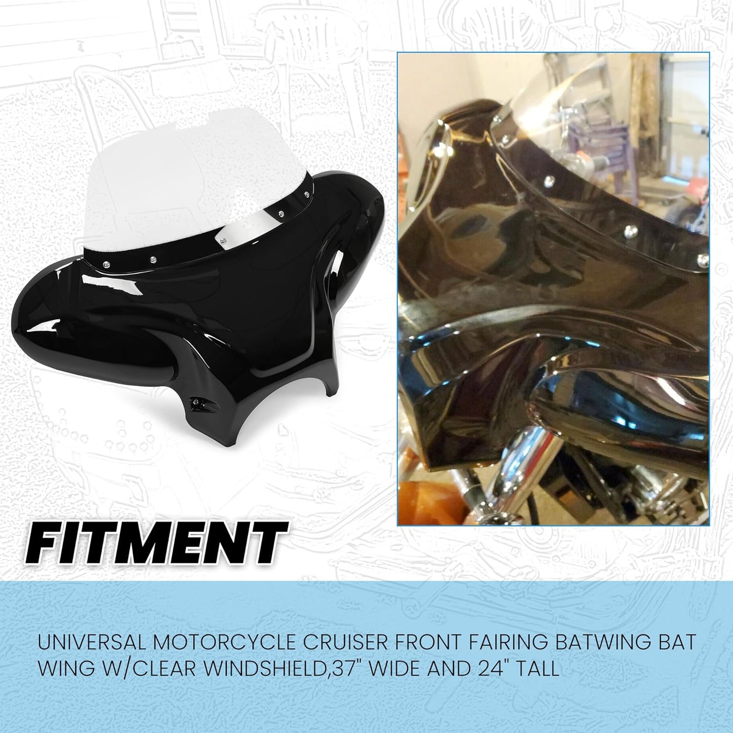 Universal Motorcycle Cruiser Front Outer Fairing Batwing w/Clear Windshield 37inches Wide x 24inches Tall Bat Wing Transparent Black ABS Plastic Durable WSD-07