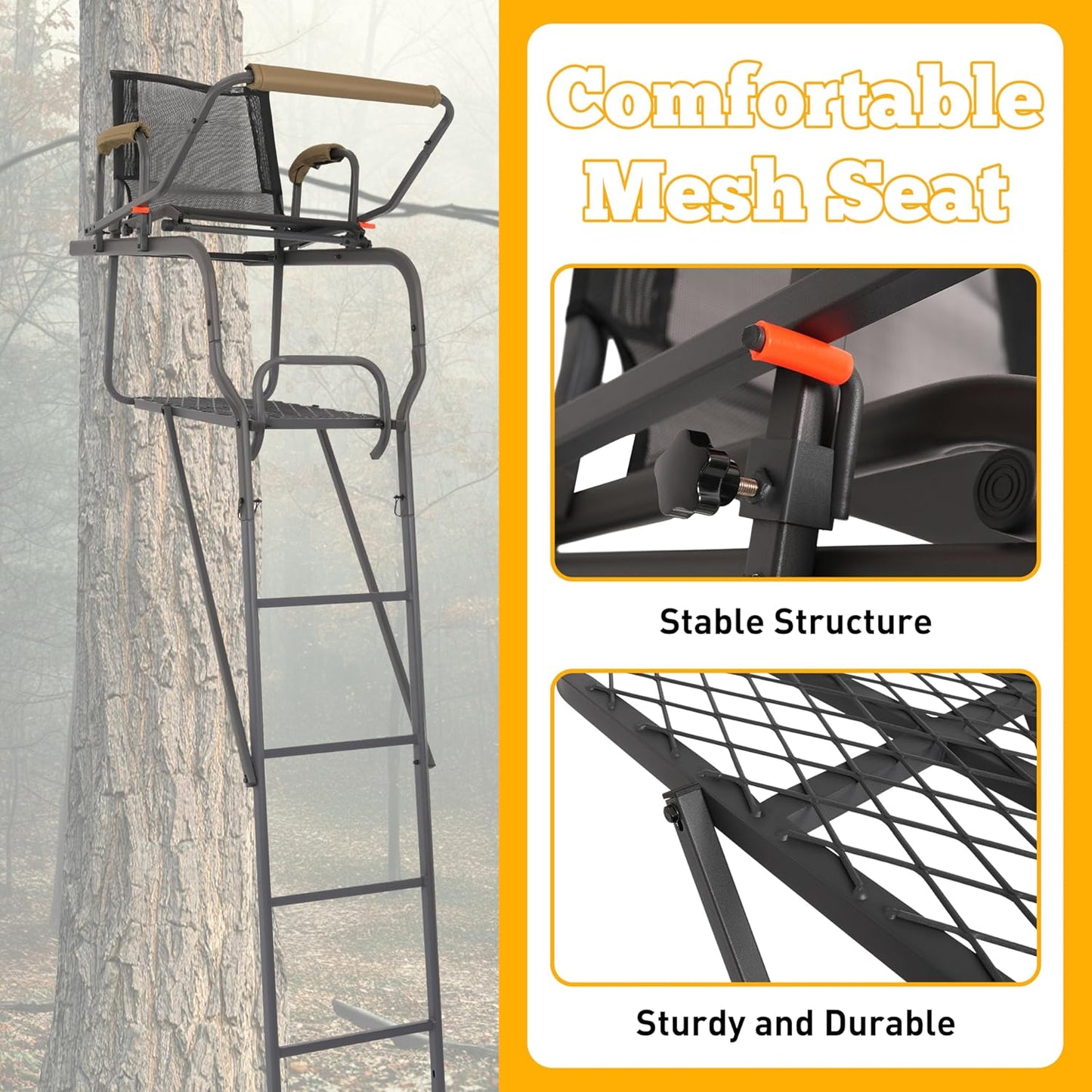 Ladder Tree Stand with Mesh Seat, 15.5' Climbing Equipment Accessories for Deer Hunting, Adjustable Shooting Rail, 300 LBS LYOM-099