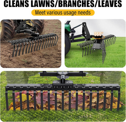 50In Landscape Rake Compatible with Category-0 Cat0 Tractor 3 Point & 5-Position Angle Adjustment for Garden, Farm, Grass Steel Powder Coated Black LYOM-374-BK