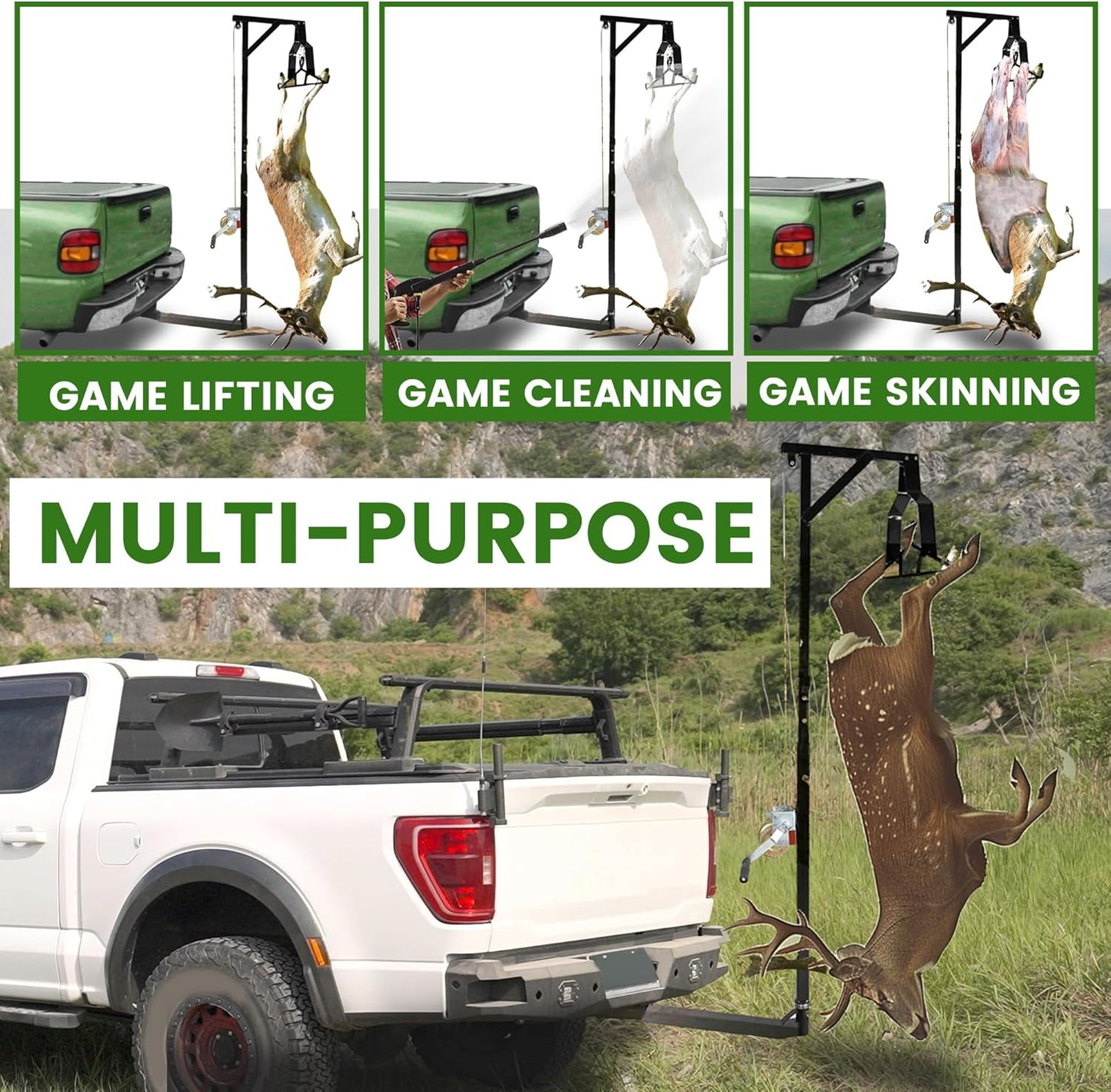 Truck 2inches Hitch Game Hunting Hoist, 600LB Big Game Hunting Deer Hoist, Include Gambrels Winch for Skinning or Cleaning Game, Winch Lift Gambrel Set 360 Degree Swivel Hitch Mounted LYOM-039