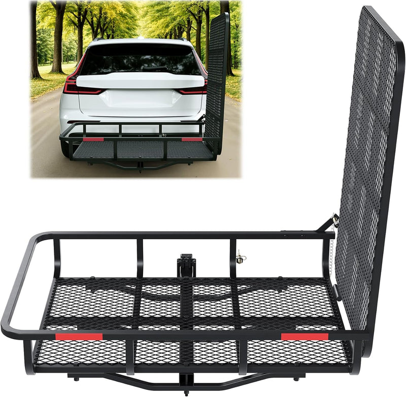 ECOTRIC Hitch Mount Wheelchair Carrier with Mobility Ramp for Wheelchair Scooter Lawn Mower Snow Blower Hauler 500lb Capacity Basket-Style LYA-033S