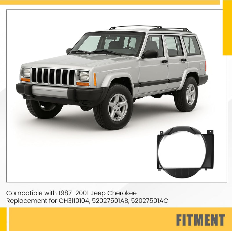 KUAFU Radiator Cooling Fan Shroud Compatible with 1987-2001 Jeep Cherokee Replaces CH3110104 52027501AB 52027501AC Black PP Plastic LYAP-980