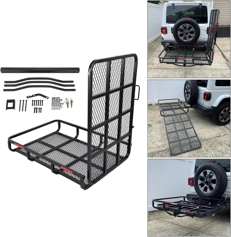 ECOTRIC Hitch Mount Wheelchair Carrier with Mobility Ramp for Wheelchair Scooter Lawn Mower Snow Blower Hauler 500lb Capacity Basket-Style LYA-033S