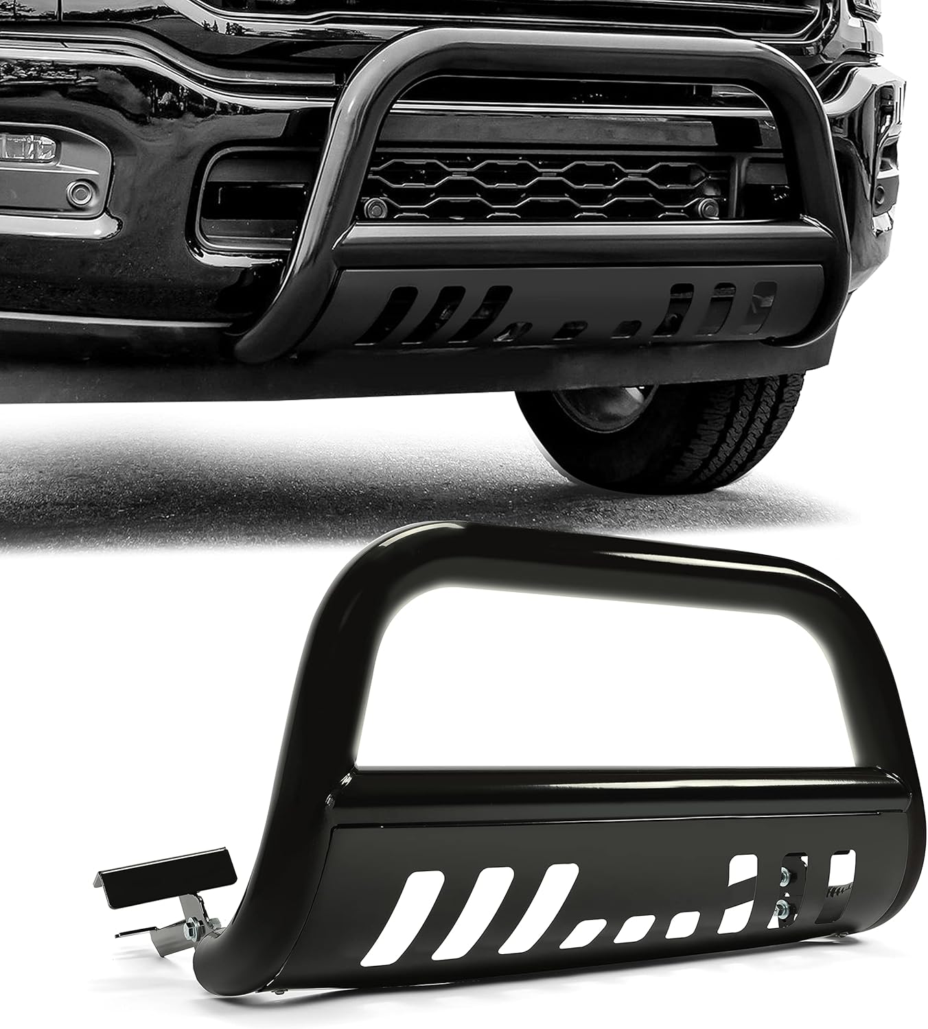 Bull Bar Front Bumper Grille Guard Protector w/Skid Plate Compatible with 2009-2018 Dodge Ram 1500 2019-2023 Dodge Ram 1500 Classic Brush Guard Brush Push Bar Black Steel Light Mount LYAM-502-1