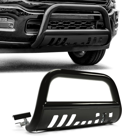 Bull Bar Front Bumper Grille Guard Protector w/Skid Plate Compatible with 2009-2018 Dodge Ram 1500 2019-2023 Dodge Ram 1500 Classic Brush Guard Brush Push Bar Black Steel Light Mount LYAM-502-1