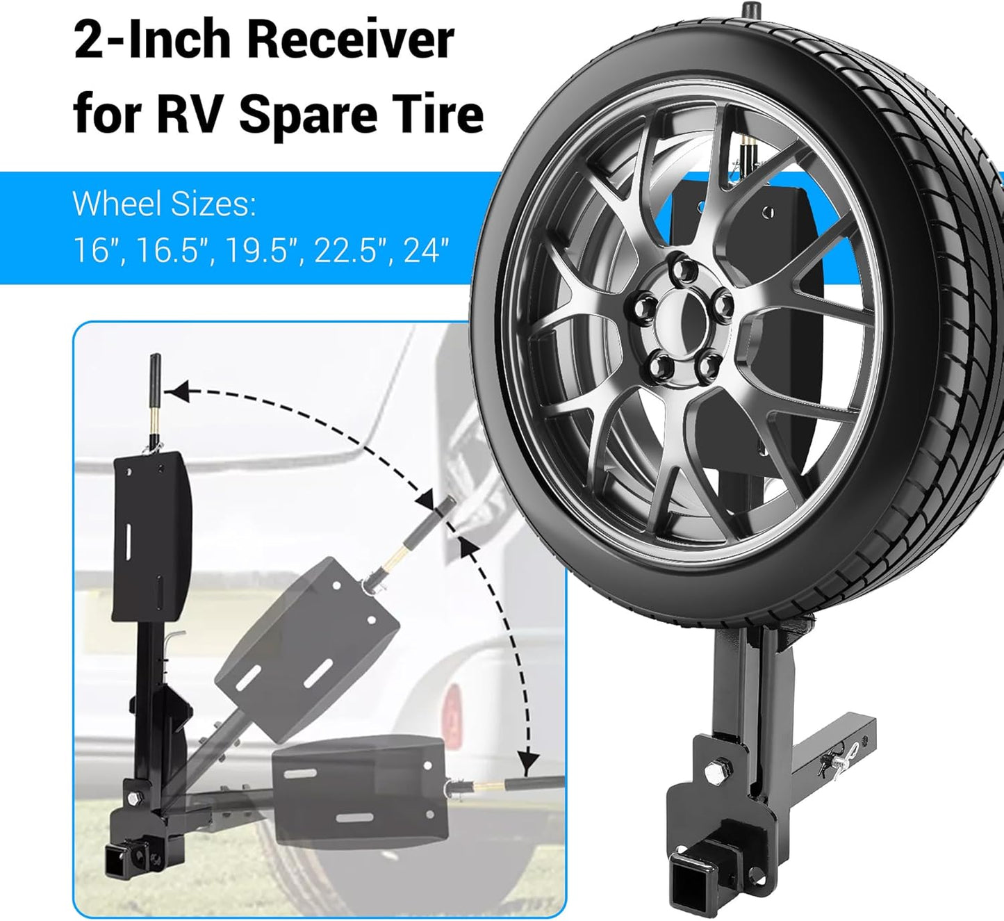 RV Spare Tire Carrier for 16inches 16.5inches 19.5inches 22.5inches and 24inches RV Motorhomes Wheels 2 Inch Receiver Mount, 10,000-pound Capacity, 400-pound Tongue Weight LYAM-X1042S