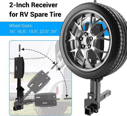 RV Spare Tire Carrier for 16inches 16.5inches 19.5inches 22.5inches and 24inches RV Motorhomes Wheels 2 Inch Receiver Mount, 10,000-pound Capacity, 400-pound Tongue Weight LYAM-X1042S