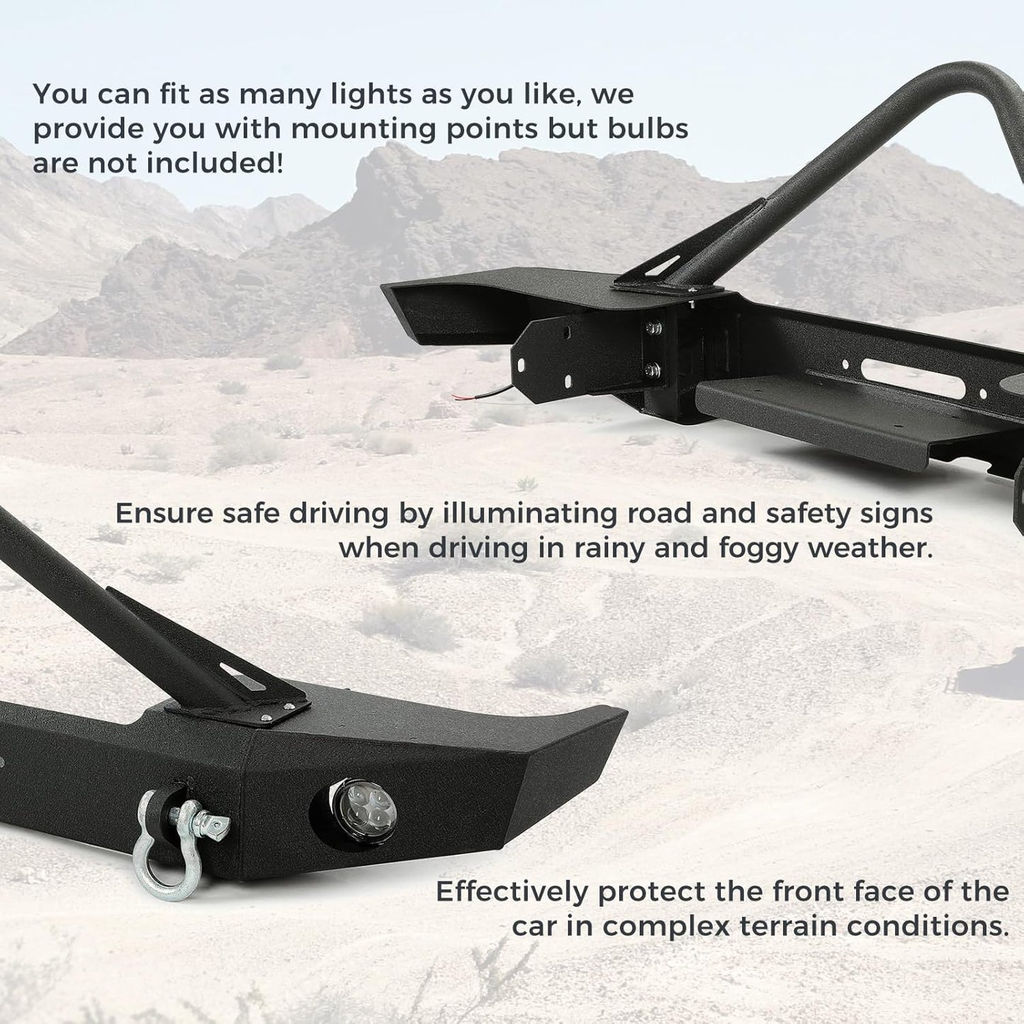 Front Bumper Compatible with 1984-2001 Jeep Cherokee XJ Jeep Comanche MJ w/Fog Lights & Winch Plate & D rings Steel Black LYAM-202S