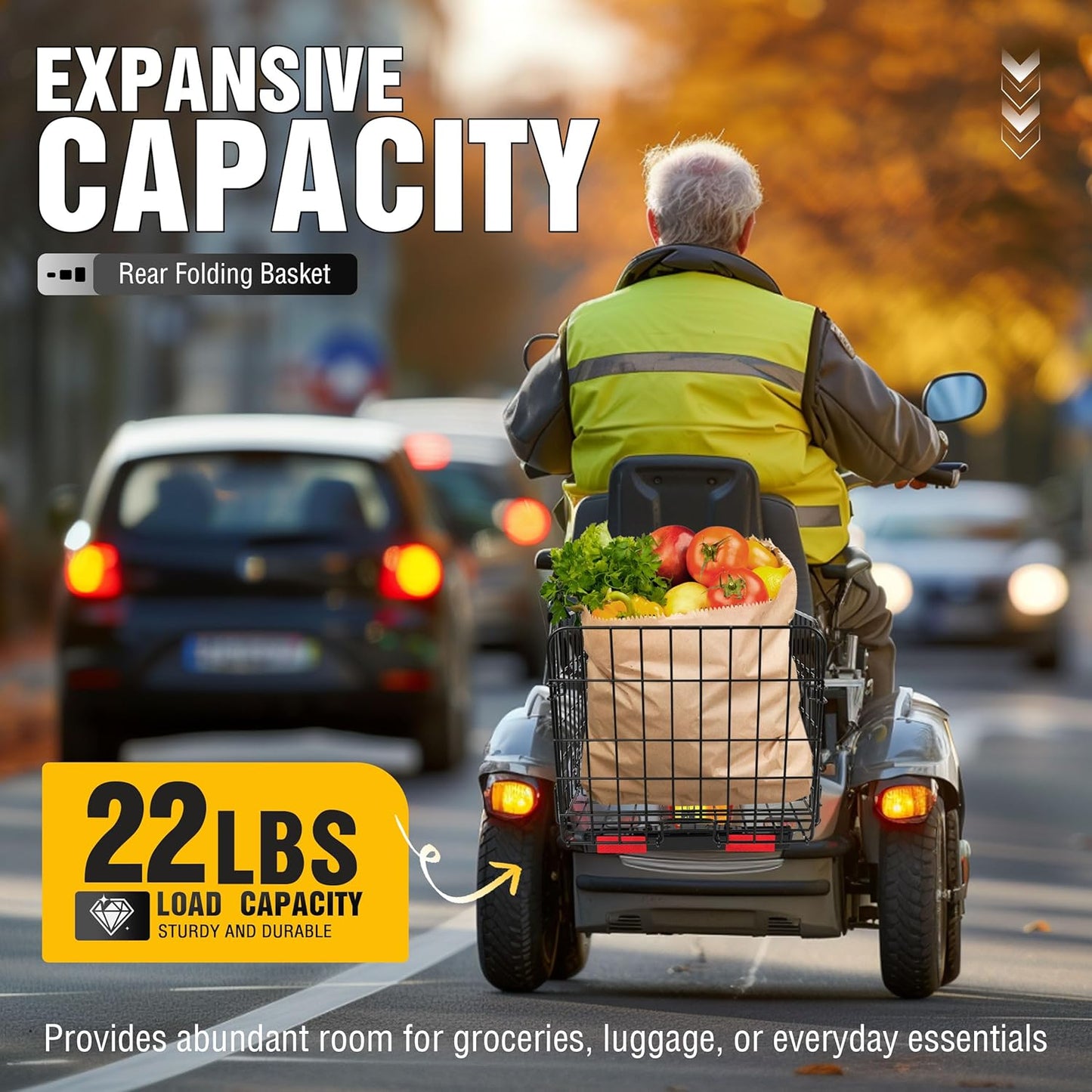 Rear Folding Basket Compatible with Most Pride Mobility Scooters Waterproof Made of Steel and Works with 1inches Receiver Storage Cargo Basket Black LYMM-154