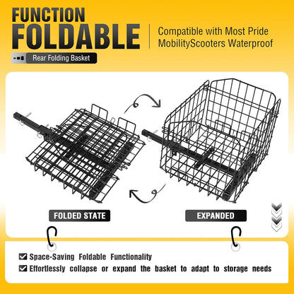 Rear Folding Basket Compatible with Most Pride Mobility Scooters Waterproof Made of Steel and Works with 1inches Receiver Storage Cargo Basket Black LYMM-154