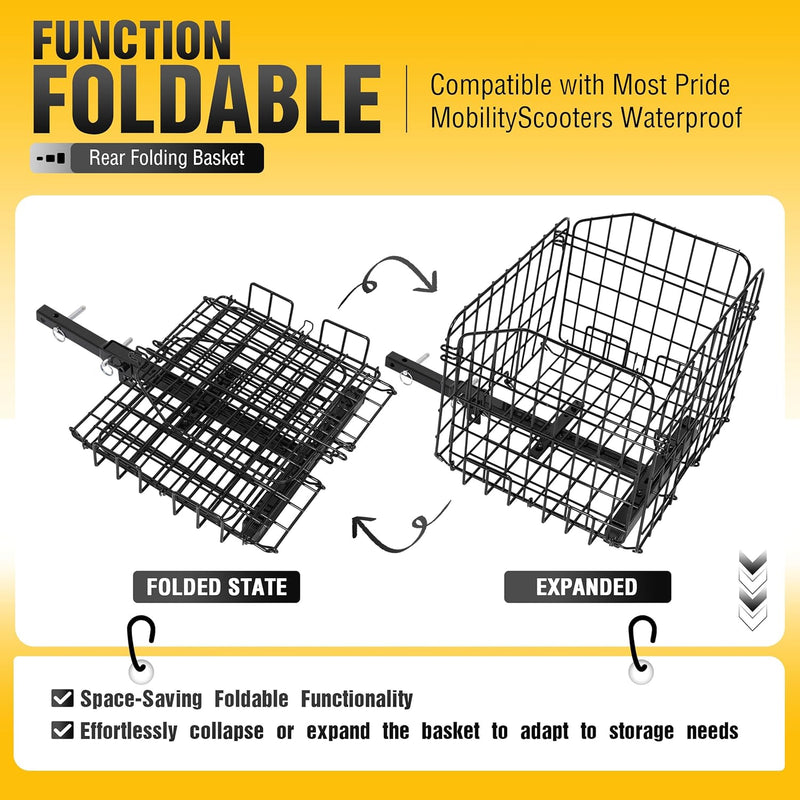 Rear Folding Basket Compatible with Most Pride Mobility Scooters Waterproof Made of Steel and Works with 1inches Receiver Storage Cargo Basket Black LYMM-154