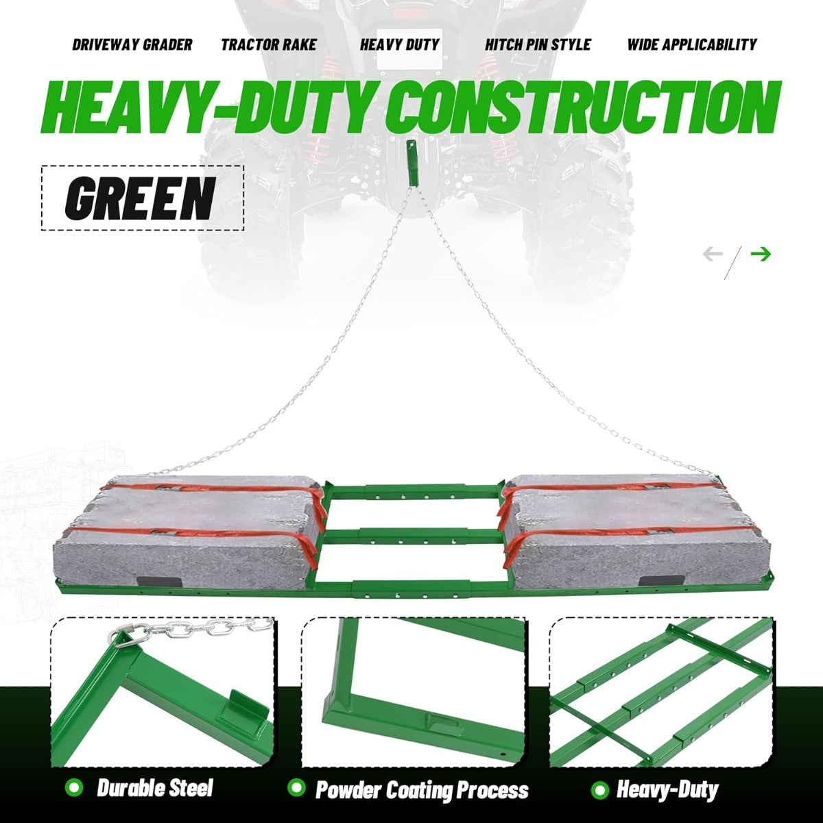 8FT Drag Harrow Driveway Grader Heavy Duty Tow Behind Drag Lawn Leveling Rake for UTV ATV Tractor Mower Land Leveler Lawn Leveling Rake W/ 6FT Chain (Green)