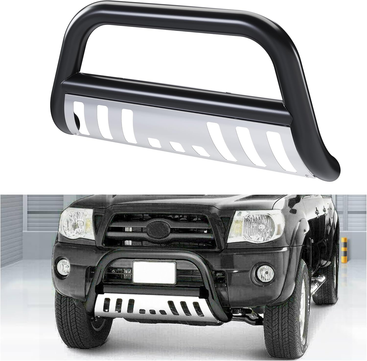 Bull Bar Compatible with 2005-2015 Toyota Tacoma 3inches Tube Stainless Steel Black Front Bumper Brush Push Grille Guard LYAM-331
