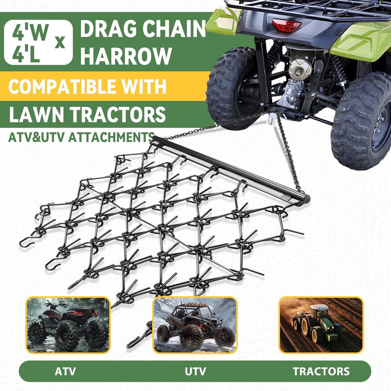 KUAFU 4' x 4' Heavy Duty Chain Drag Harrow 3/8inches Tines Compatible with Tractors ATV UTV Lawn Tractor Attachments for Leveling, Grading, Breaking up Soil, Garden Towing, Field, Yard, Farm LYOM-237