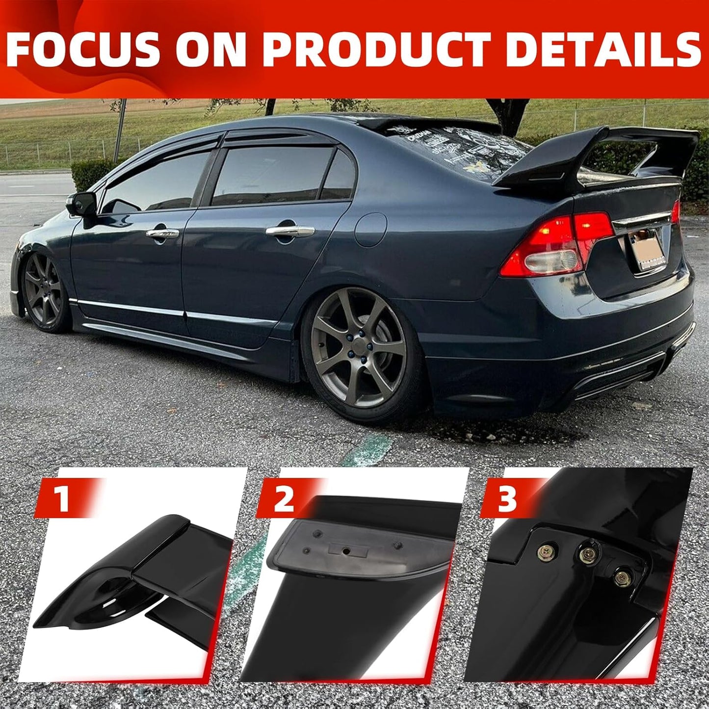Rear Trunk Spoiler Wing Compatible with 2006-2011 Honda Civic 4 Door Sedan ABS Trunk Spoiler Wing Painted Gloss Black LYAP-530