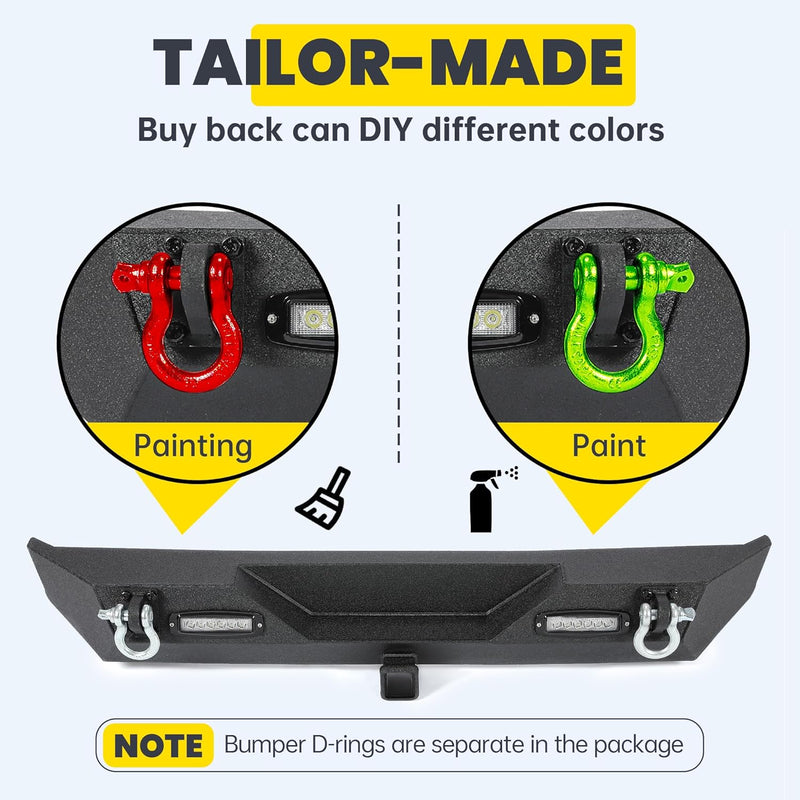 KUAFU Rear Bumper Compatible with 1987-2006 Jeep Wrangler TJ YJ With LED Lights 2inches Hitch Receiver D-rings Off-Road Style Black Texture LYAM-301S