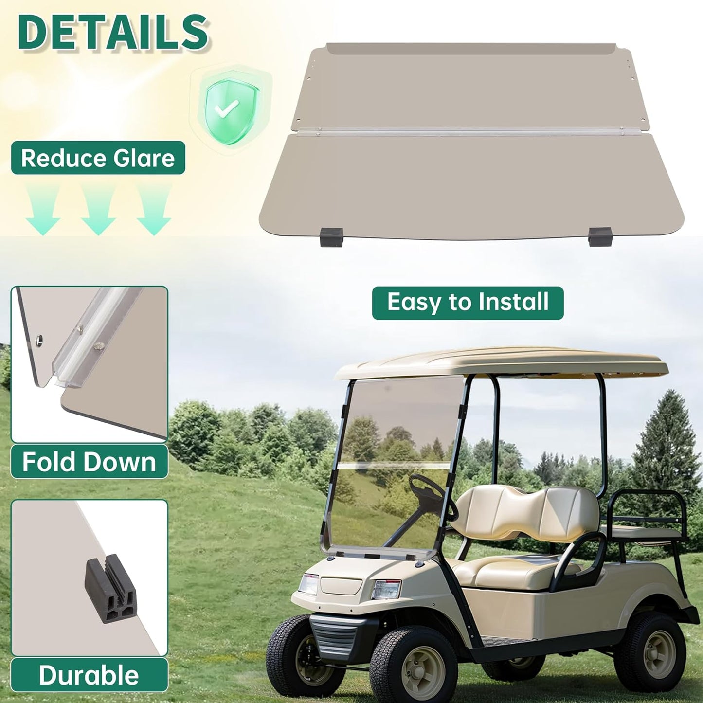 Tinted Windshield Compatible with 1982-2000.5 Club Car DS Golf Cart Smoke Style Fold Down Windscreen B23-61-S