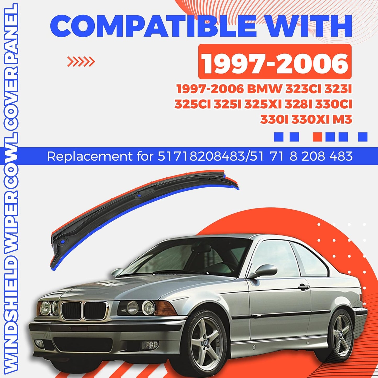 Windshield Wiper Cowl Cover Panel Compatible with 1997-2006 BMW E46 323Ci 323i 325Ci 325i 325xi 328i 330Ci 330i 330xi M3 Replacement for 51718208483 LYAP-481
