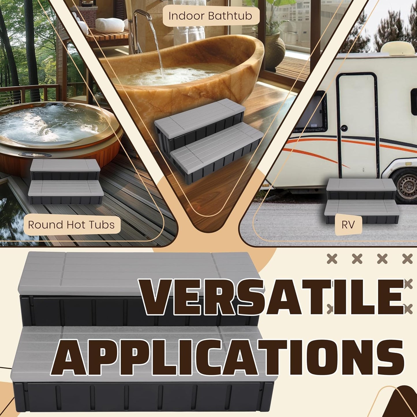 2 Steps 36inches Deluxe Deck Patio Spa Hot Tub Steps (Open Box) Outdoor Stairs Plastic (PE) Dark Gray+Black, 350lbs Load Capacity LYOP-107-3