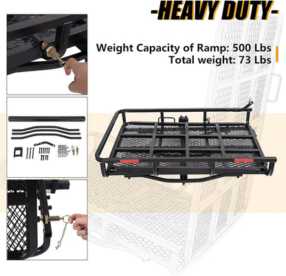 Hitch Mount Mobility Carrier with Loading Ramp for Scooter, Lawn Mower, Snow Blower, Equipment Hauler 500lb Capacity Basket-Style LYA-033S