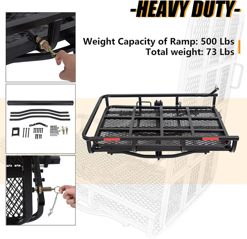 ECOTRIC Hitch Mount Wheelchair Carrier with Mobility Ramp for Wheelchair Scooter Lawn Mower Snow Blower Hauler 500lb Capacity Basket-Style LYA-033S