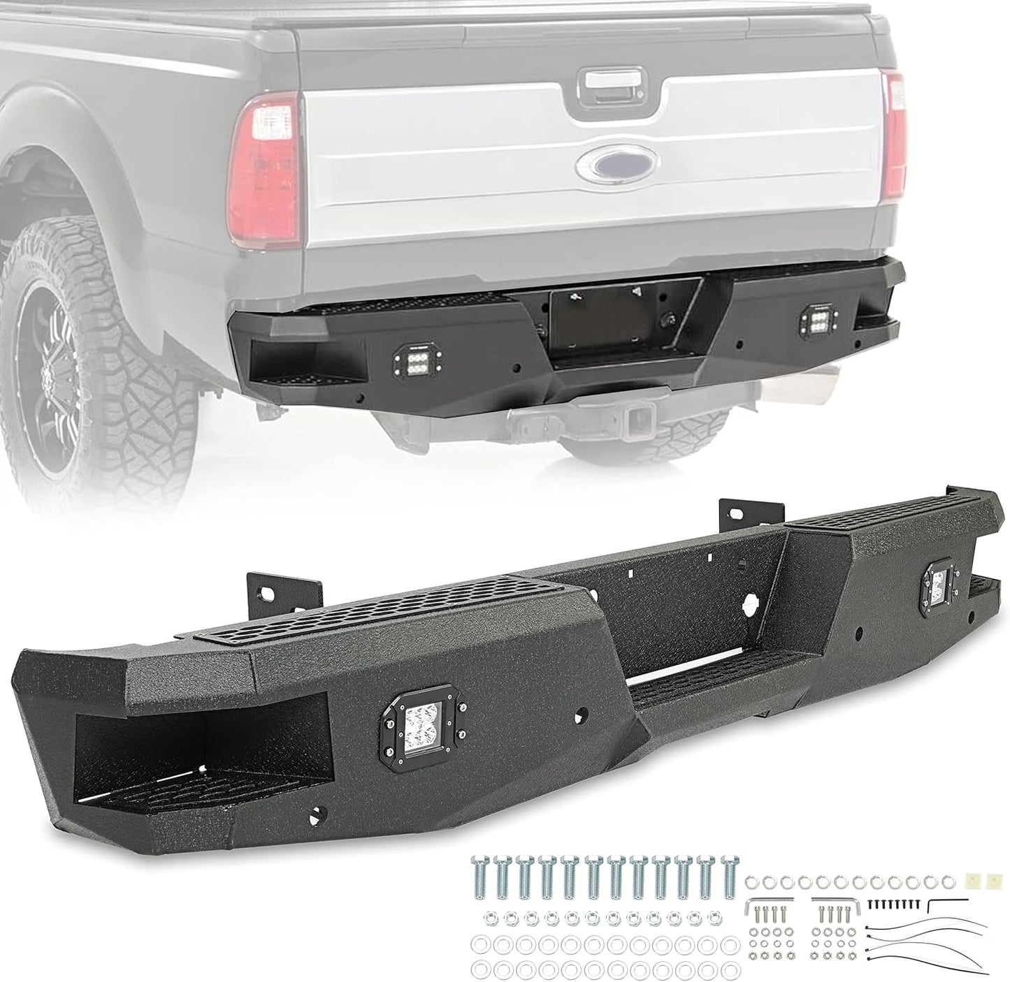 Offroad Rear Bumper Compatible with 1999-2016 Ford F250 F350 Super Duty W/2 18W LED Lights Black Powder Coated Steel Heavy Duty LYAM-215S