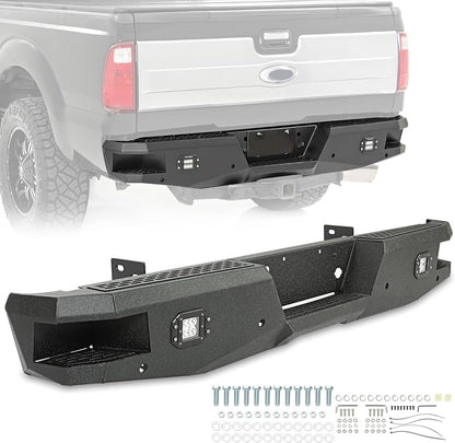 Offroad Rear Bumper Compatible with 1999-2016 Ford F250 F350 Super Duty W/2 18W LED Lights Black Powder Coated Steel Heavy Duty LYAM-215S