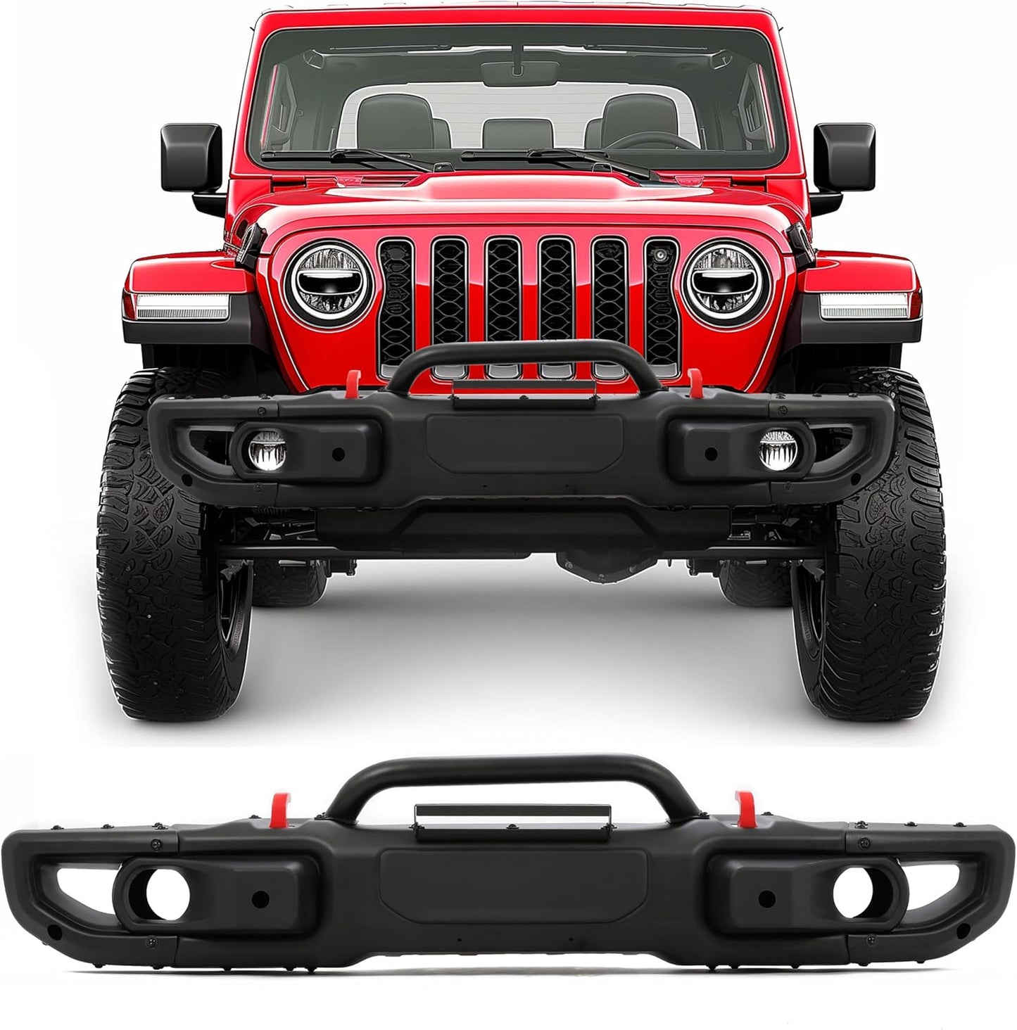 Front Bumper Compatible with 2018-2025 Jeep Wrangler JL Rubicon 2020-2025 Jeep Gladiator 10th Anniversary Style 2DR 4DR Models W/PDC Sensor Hole Steel Black Powder Coated LYAM-625T-1