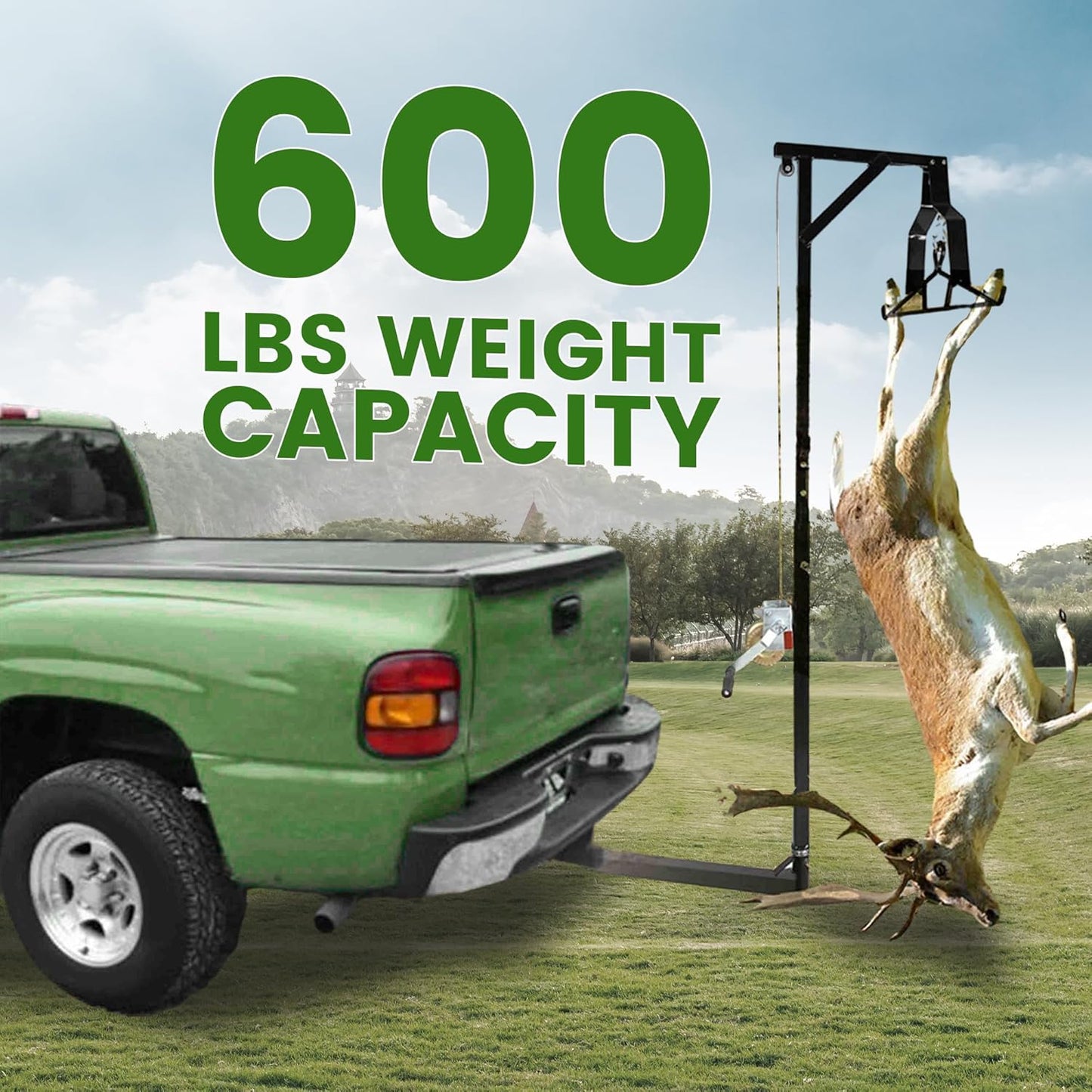 Truck 2inches Hitch Game Hunting Hoist, 600LB Big Game Hunting Deer Hoist, Include Gambrels Winch for Skinning or Cleaning Game, Winch Lift Gambrel Set 360 Degree Swivel Hitch Mounted LYOM-039