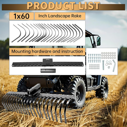 60 Inch Landscape Rake Pine Straw Rake Tractors Rake Fit for 2 Inch Receiver ATV UTV SxS Features 48inches or 60inches Accessory Tool Bar & 3 Point Hitch System Powder Coated Steel LYOM-003