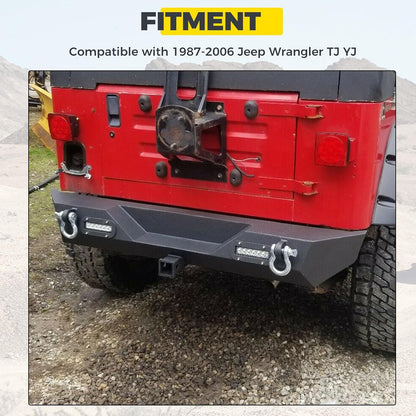 Rear Bumper Compatible with 1987-2006 Jeep Wrangler TJ YJ With LED Lights 2inches Hitch Receiver D-rings Off-Road Style Black Texture LYAM-301S