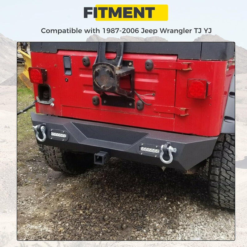 KUAFU Rear Bumper Compatible with 1987-2006 Jeep Wrangler TJ YJ With LED Lights 2inches Hitch Receiver D-rings Off-Road Style Black Texture LYAM-301S