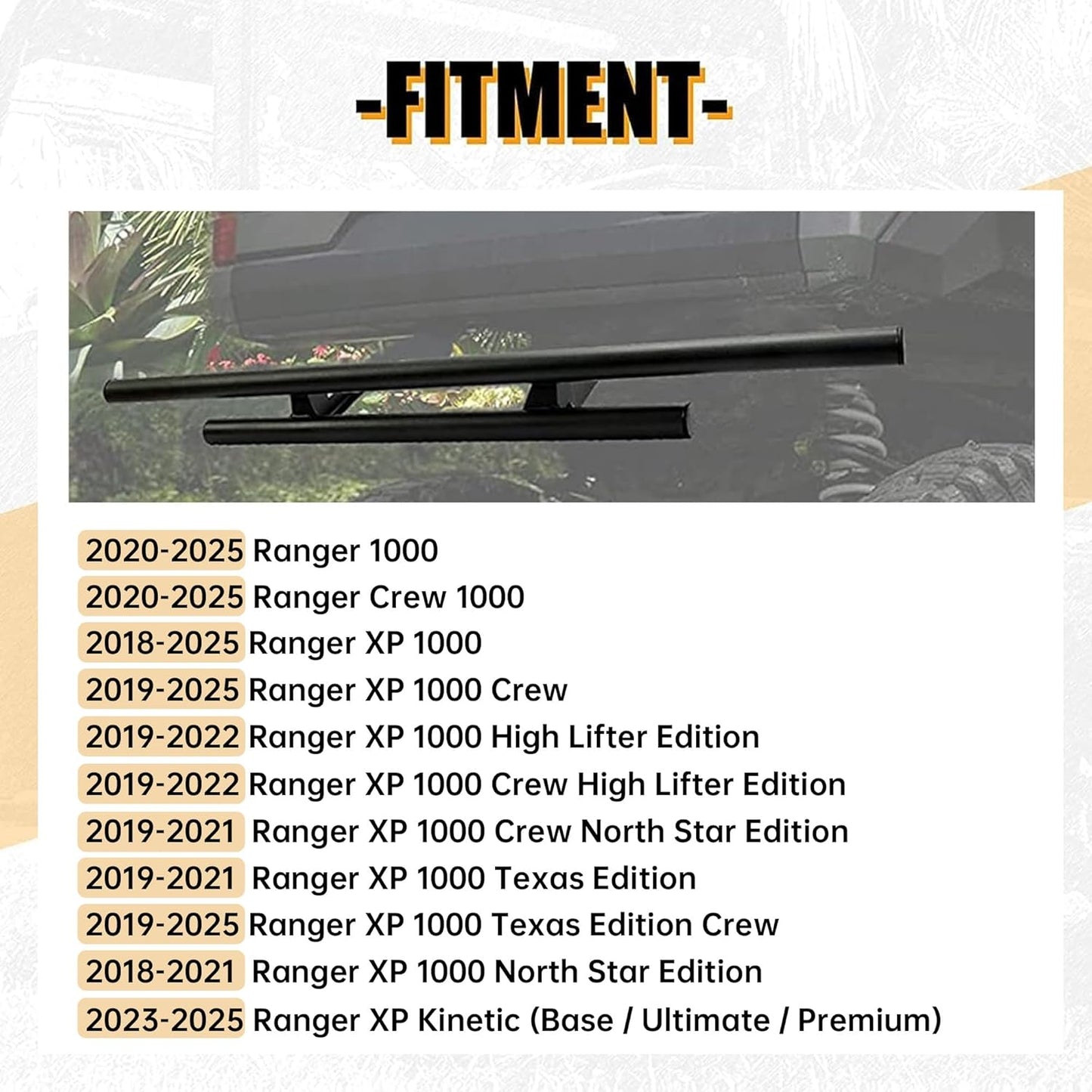 Rear Bumper Guard Compatible with 2018-2025 Polaris Ranger 1000 XP/North Star Edition Double-Tube Rear Bumper Brush Guard Wrinkle LYPS-021S