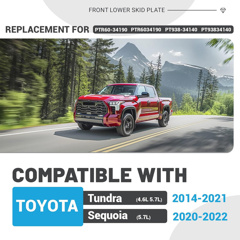 KUAFU Skid Plate Compatible with 2014-2021 Toyota Tundra 4.6L 5.7L 2020-2022 Toyota Sequoia 5.7L Replacement for PTR60-34190 Front Lower Engine Undercover Guard Protection Aluminum Gray LYAM-617