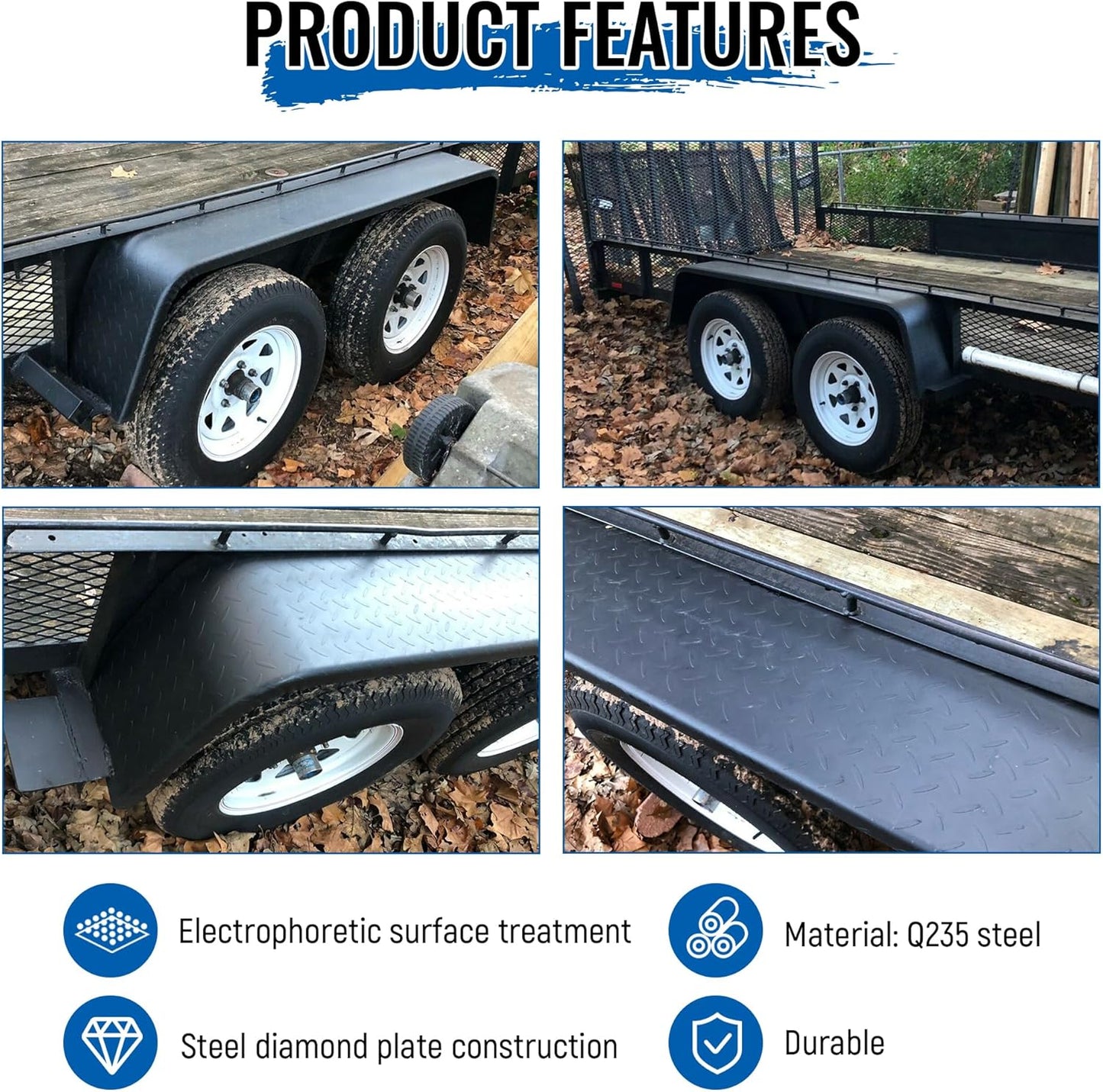 Tandem Axle Trailer 10-1/4inchesx72-7/8inchesx13inches Fit 13inches-15inches Tires Car Hauler Trailer,Cargo Trailer,Utility Trailer,Landscape Trailer Heavy Duty Unpainted Steel Diamond Fenders Tread Plate (2 Fenders) LYAM-336